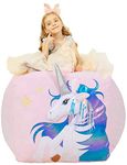 Anzitinlan Unicorn Bean Bag Chair, Stuffed Animal Storage, Pink Beanbag Chairs for Girls, Kids Room Decor for Girl, Covers Only, 22"x24" Colorful Horse