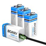 4 Pack 9V Rechargeable Batteries 1300mAh, 9V Rechargeable USB Lithium Long Lasting Battery, with 2 in 1 Charging Cable, for Smoke Detectors, Alarms, Keypad, Microphone