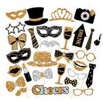 YPLonon 30pcs Party Photo Booth Props Glitter Prom Photobooth Kit Birthday Photo Booth Accessories Moustache Lipstick Tie Glasses Party Supplies for Funny Party Weddings School Leavers (Black, Gold)