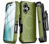 M MYBAT PRO Maverick Series iPhone 16 Case with Belt Clip Holster,[Compatible with Magsafe] w/Screen Protector,Anti-Drop,Shockproof,with 360°Rotating Kickstand,Heavy Duty Protection Army Green