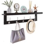 SMIBUY Coat Hooks with Shelf Wall-Mounted, 74 cm Entryway Coat Rack for Wall, Bamboo Hanging Shelf with 5 Double Metal Hooks for Bathroom, Bedroom, Kitchen, Living Room, Mudroom (Black+Silver)