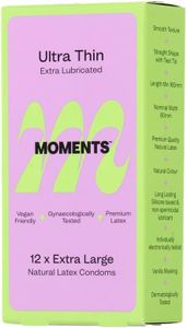 Moments Ultra Thin Condoms | Thinnest Premium Extra Lubricated and Extra Large Condom | Electronically Tested Premium Quality Latex | Vegan | 12 Counts (Pack of 1)