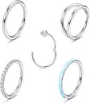 Diamday 5Pcs Surgical Steel Nose Rings Hoop for Women CZ Septum Hinged Clicker Segment Lip Rings Helix Cartilage Hoop Earring Rook Daith Seamless Body Piercing Rings for Women Men 16g 8mm