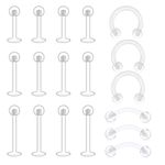 LAURITAMI 18pcs Piercing Retainers Pack Acrylic Bioflex Clear Lip Nose Rings Stud Eyebrow Labret Tragus Bar Horseshoe Barbell Multi-Shapes