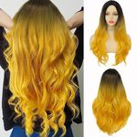 MISS LIRENN® Yellow Curly Long Wavy Wigs for Women Ombre Yellow Middle Part Wigs Natural Synthetic Hair Wig for Cosplay Party Halloween (Yellow) + 02 Wig Cap Free