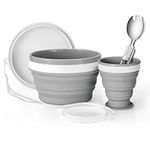 Odoland Foldable Cup, Bowl and Stainless Steel Spoon, Microwave Oven Available Food Grade Silicone for Mess Kit Outdoor Camping Hiking and Picnic