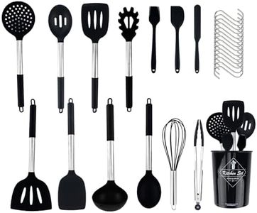 Podazz Juego de utensilios de cocina, 24 piezas de utensilios de cocina de silicona con soporte, herramientas de cocina, espátula, cuchara, pinzas, cepillo, batidor con asas de acero inoxidable para
