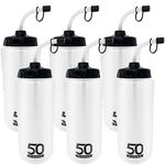 50 Strong 1 Liter Sports Water Bottle W/Straw - Easy Squeeze + Built in Finger Grip & Carry Loop - BPA Free Plastic - Single & Multi-Pack (Clear/Black, 6 Pack)