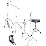 Complete Drum Hardware Pack 6 Piece Set by GRIFFIN | Full Size Percussion Stand Kit with Snare, Hi-Hat, Cymbal Boom, Throne Stool & Single Kick Drum Pedal | Lightweight and Portable, Perfect for Gigs