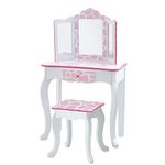 Teamson Kids Dollhouse FurnitureFashion Prints Vanity and Stool Set with Mirror - Giraffe (Baby Pink/White)
