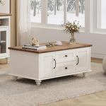 WAMPAT Farmhouse Coffee Table with Two Drawers and Double Doors,Wooden Rectangular Tables with Storage Cabinet, Living Room Center Tables,Wood Feet,White