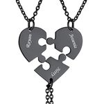 FindChic Black BFF Necklace for 3 Puzzle Matching Custom Name Heart Pendant Gifts for Teen Girls/Boys Best Friend Friendship Necklace Set Customizable