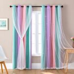 XiDi Kids Curtains 84 Inch Drop with Sheer for Window Treatment Room Darkening Colorful Star Cutout Curtains Noise Reduction Dormitory Decoration 34 Inch Wide Pink Purple Green,2 Panels