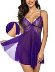 Avidlove Sexy Lingerie Lace Babydoll Mesh Chemise V Neck Nightwear Full Slip Nightdress Side Spilt Nighties Purple