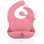 ZoZoBaa Silicone Baby Bib with Easy Grip Spoon For Feeding Toddlers|Waterproof & Reusable Bib with button for Infants |Soft, Light Weight, BPA Free, 1 Set, Dark Red