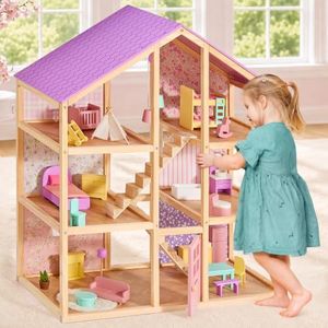 Tiny Land Wooden Dollhouse for Girls - 6 Rooms Wooden Doll House