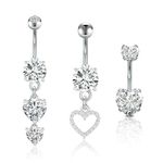 Richstory Belly Button Bars, 3 Pcs Silver Dangly Belly Bar Surgical Steel Set Hypoallergenic Navel Bar Belly Button Piercing Rings Jewllery Gift for Women Men (Heart Diamond Dangle)