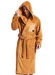 SlumberMee Mens Soft Coral Fleece Hooded Robe Full Length Long with Suede Pockets Fluffy Housecoat (Golden Brown, M)