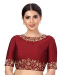 Studio Shringaar Women's Readymade Art Silk Embroidered Saree Blouse with Elbow Length Sleeves (Maroon, 42)