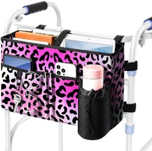 Rhino Valley Walker Bag, Multi Pockets Folding Walker Basket Tote Bag with Cup Holder, Hand-free Carry Pouch Storage Bag for Universal Walkers,Large Capacity Organizer for Seniors Elderly,Pink Leopard