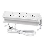 Desk Power Socket, BQO Aluminum Alloy Desk Power Strip with 3 UK Plug, USB A and USB C (15.5W), 2M Cable, Desk Plug Socket for Home Office School, White