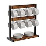 unho Coffee Mug Holder Stand: Wooden Countertop Tea Cup Rack Hanger Display Organizer with Dish Storage Shelf and 16 Double Sided Metal Hooks for Kitchen