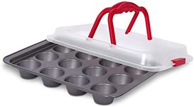 Internet's Best Cupcake Baking Pan with Lid and Handles - 12 Cup - Non-Stick Muffin Tray with Cover - Dishwasher Safe - Red & Grey