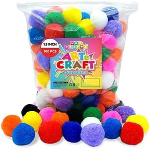 WAU Craft Pom Pom Balls - 100pcs 1.5 inch Multicolored Large Pompoms for Crafts Art DIY Project in Reusable Zipper Bag