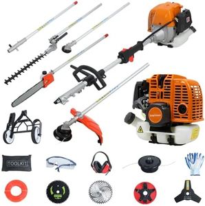 8 in 1 Petrol Garden Multi Tool, 52CC Gas Powered Weed Eater with Brush Cutter, Hedge Trimmer, Pole Chainsaw & Auxiliary Wheel for Grass Hedge Tree Cutting (Orange)