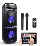 Vocal-Star Portable PA Speaker System with Party LED Light Effect, Bass & Treble, Bluetooth, USB & Aux Input for MP3, 2 x 6.5" Woofer 200w & 2 Wireless Microphones P180