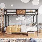 JURMERRY Metal Bunk Bed Twin Over Twin with 2- Side Ladder and Full-Length Guardrail, Storage Space,No Box Spring Needed, Noise Free,Black