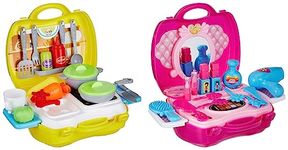 Amazon Brand - Jam & Honey Plastic Suitcase - Kitchen Set for Kids + Makeup Set