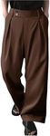 OYOANGLE Men's Pleated High Waist Wide Leg Pants Loose Fit Casual Pants with Pocket Brown Small