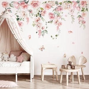 decalmile Large Pink Peony Flower Wall Stickers Rose Hanging Floral Vine Wall Decals Baby Nursery Girls Bedroom Living Room Wall Decor