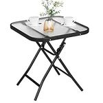 eSituro Side Table, Folding Table with Glass Top, Outdoor Garden Table, Small Patio Table, Black+transparent, 46x46x48 cm Square Table SCPT0042