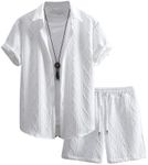 GORGLITTER Men's 2 Piece Outfits Waffle Knit Button Down Shirt Top and Shorts Set Plain White XX-Large