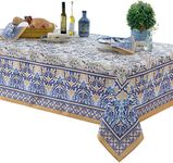 Home Bargains Plus Provence Allure Arabesque Yellow and Blue Floral Bordered Country French Fabric Tablecloth, Indoor Outdoor, Stain and Water Resistant, 52” x 70” Oblong/Rectangle