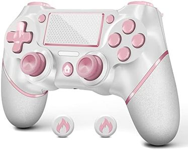 AceGamer Wireless Controller for PS4, Custom Design V2 Gamepad Joystick for PS4 with Non-Slip Grip of Both Sides and 3.5mm Audio Jack! Thumb Caps Included! (Pink-White)