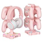 KDD Gaming Headphones Stand, Rotatable Headset Stand with 9 Light Modes - Controller Holder with 2 USB Charging Ports and 3.5mm & Type-C Port - Earphone Hanger Accessories for Desktop Gamer(Pink)