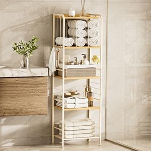 TETOTE 5-Tier Bathroom Towel Rack Metal Towel Storage Organizer M-Shaped Detachable Dividers Towel Holder for Pool, Laundry, White