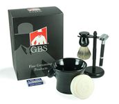 G.B.S Men's Shaving Set- Butterfly Open Double Edge Razor, Shave Brush with dual stand, Ceramic Soap Mug with Knob Handle, Natural Shave Soap, 10 Replacement Razor Blades