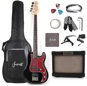 Fojill Full Size Four String Electric Bass Guitar With 10W Watt Amplifier 4 String Right Hand Beginner Starter Kit Set Combo Bundle Accessory Gig Bag,Picks,Capo,Noiselss Cable,Strings (Black)