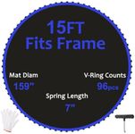 CIDNN Trampoline Replacement Mat Fits 15 FT Round Frame with 96 V-Rings, 159" Jumping Mat for 7" Springs, Heavy Duty PP Mesh with 8-Row Blue Stitching, Pull Tool Included