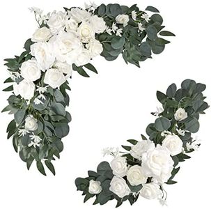 COCOBOO Artificial Flower Swag Wedding Arch Decor 2pcs Rose Flower Swag Arrangements for Wedding Reception Backdrop Table Decorations Welcome Sign (White)