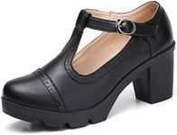 DADAWEN Women's Classic T-Strap Platform Mid-Heel Square Toe Oxfords Dress Shoes Black US Size 7