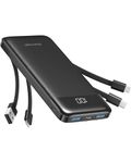 Charmast Power Bank with Built in Cables, 10000mAh USB C Battery Pack 6 Outputs 2 Inputs with LED Display Type C Powerbank Portable Charger Compatible with Smartphones Tablets and More (Black)