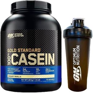 Optimum Nutrition Gold Standard 100% Casein Proteine di Caseina in Polvere a Rilascio Graduale Durante la Notte con Zinco e Magnesio Gusto Crema alla Vaniglia 55 Porzioni 1,82Kg + Shaker
