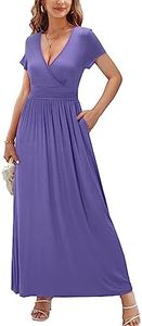 OUGES Womens Short Sleeve V-Neck Wrap Waist Maxi Dress(Purple Gray394,XXL)