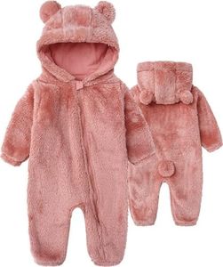 Girs' Baby Solid Color Polar Fleece Playsuit Soft Lined Onesie Outwear Warm Hooded Romper for 9-12 Month Toddler Pink