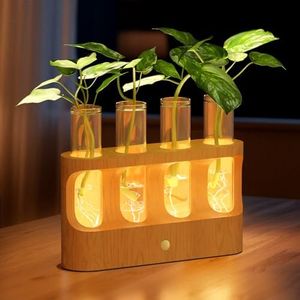 Lightalent Rechargeable Plant Propagation Station with Stepless LED Light, Wooden Stand & 4 Propagation Test Tubes, Hydroponic Plant Terrarium for Indoor Home Decor, Gift for Plant Lovers and Mothers